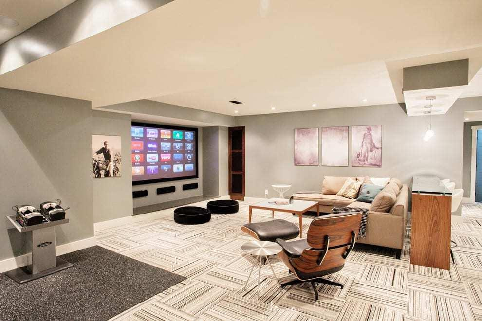 flor-carpet-tiles-Basement-Contemporary-with-beige-counter-stool-beige-sectional-beige-sofa Carpet Tile Basement Flooring Options - NOVA Basement